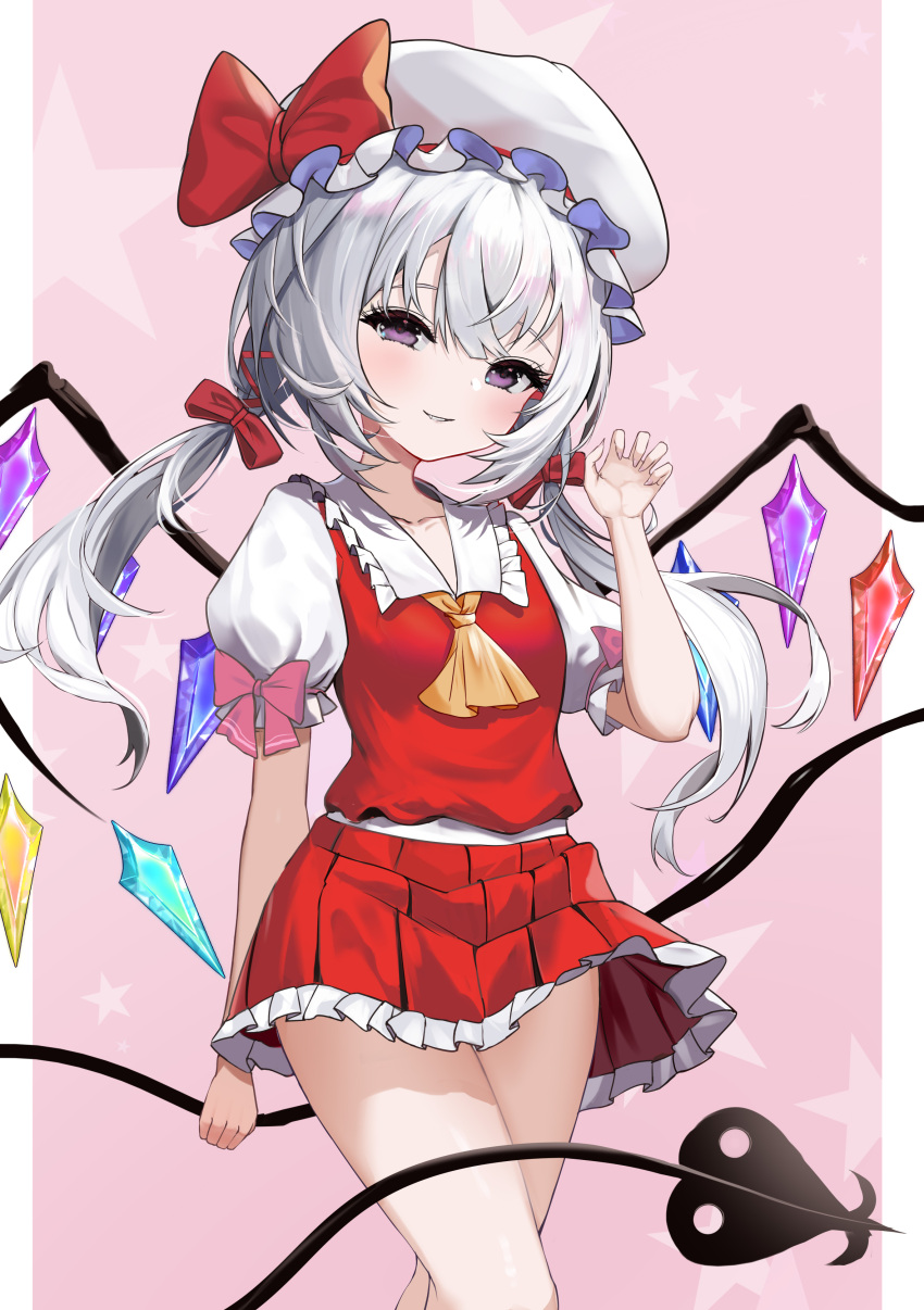 1girl absurdres ascot azur_lane bow breasts chinese_commentary collarbone collared_shirt commentary_request cosplay cowboy_shot crystal flandre_(azur_lane) flandre_scarlet flandre_scarlet_(cosplay) frilled_shirt_collar frilled_sleeves frills hair_between_eyes hair_bow hair_ornament hand_up hat hat_ribbon head_tilt highres laevatein_(touhou) long_hair looking_at_viewer low_twintails mob_cap name_connection niballl parted_lips pleated_skirt puffy_short_sleeves puffy_sleeves purple_eyes red_skirt red_vest ribbon shirt short_sleeves sidelocks skirt skirt_set small_breasts smile solo standing starry_background tail touhou twintails vest white_hair white_headwear white_shirt wings yellow_ascot