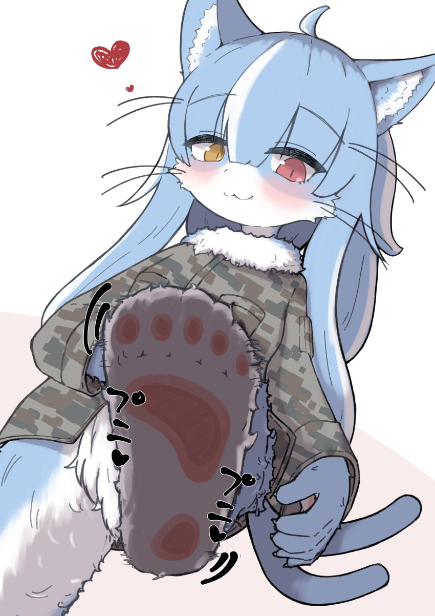 &lt;3 2023 5_fingers 5_toes absurd_res ahoge ambiguous_gender anthro blue_body blue_fur blue_hair blush bottomless bottomless_anthro camo camo_clothing camo_print claws clothed clothing cute_fangs digital_media_(artwork) domestic_cat feet felid feline felis finger_claws fingers foot_focus forked_tail fur hair half-closed_eyes heterochromia hi_res jacket japan_air_self-defense_force japanese_text kemono long_hair looking_at_viewer low-angle_view male_(lore) mammal multicolored_body multicolored_fur multicolored_hair na_kayo_shi narrowed_eyes omaneko_(jasdf) pattern_clothing pawpads paws red_eyes soles solo tail text toes topwear translation_request unusual_anatomy unusual_tail whiskers white_body white_fur white_hair yellow_eyes