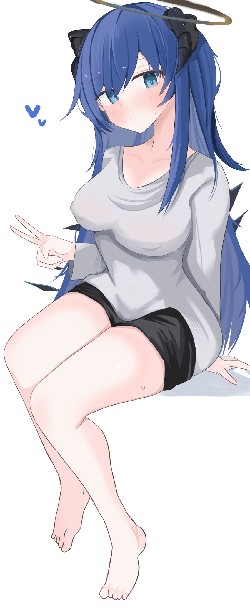 1girl absurdres arknights barefoot black_hair black_horns black_shorts blue_eyes blue_hair blush breasts closed_mouth covered_nipples grey_shirt halo heart highres horns incredibly_absurdres legs long_hair long_sleeves looking_at_viewer medium_breasts mostima_(arknights) nui_(nuinui0300) shirt shorts simple_background sitting solo thighs toes v white_background
