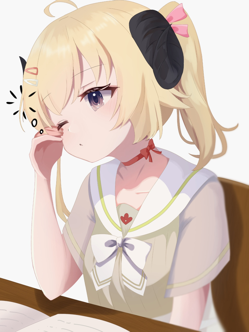 1girl ahoge blonde_hair blush brown_eyes choker desk dress hair_ornament hairclip highres hololive horns medium_hair official_alternate_costume official_alternate_hair_length official_alternate_hairstyle on_chair one_eye_closed red_choker ribbon_choker rubbing_eyes sailor_collar sailor_dress sheep_horns side_ponytail sitting sleep_bubble sleepy solo tsunomaki_watame tsunomaki_watame_(3rd_costume) upper_body virtual_youtuber white_sailor_collar yukimochi_(ykillust)