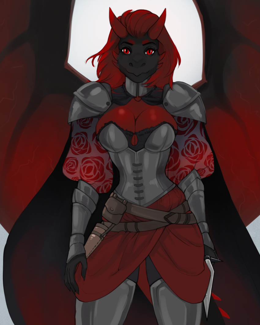 anthro armor belly belt belt_buckle black_body black_dragon_(dnd) bottomwear breasts bustier calm cape choker claws cleavage clothed clothing corset dagger dragon dragon_(dnd) dungeons_and_dragons female hair hasbro hi_res horn jewelry lingerie looking_content melee_weapon nastynatalie necklace plate_armor pouch_(clothing) red_belly red_eyes red_hair red_horn red_wings sigma_au simple_background skirt solo topwear weapon wings wizards_of_the_coast zola_(etrius_van_randr)