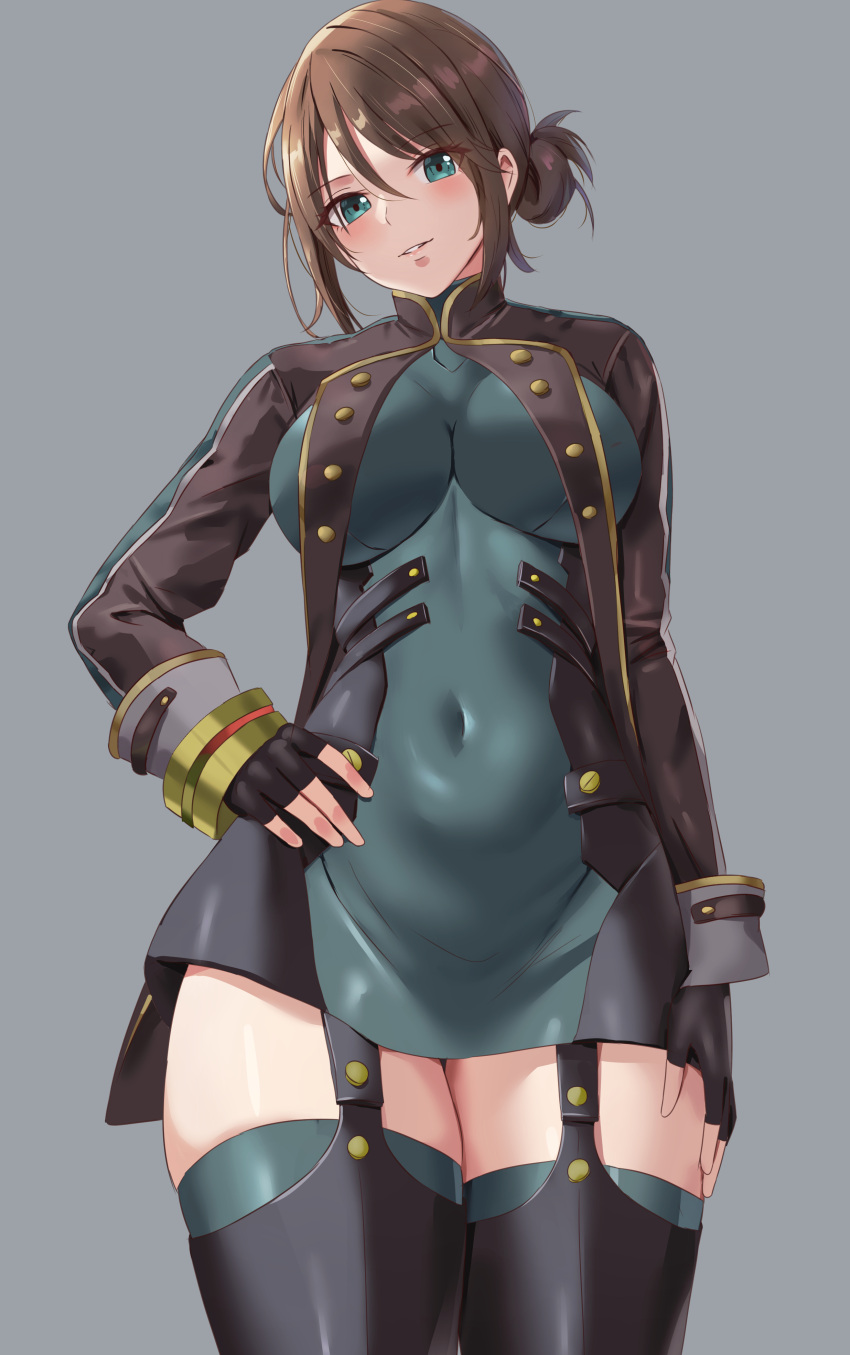 1girl absurdres amayo_thranana black_gloves blush boots breast_curtains breasts brown_hair commission covered_navel cowboy_shot dress fingerless_gloves garter_straps gloves god_eater god_eater_2:_rage_burst green_dress green_eyes green_thighhighs grey_background hair_between_eyes hand_on_own_hip highres impossible_clothes impossible_dress large_breasts long_sleeves looking_at_viewer player_(god_eater_2) short_dress simple_background skeb_commission solo thighhighs thighhighs_under_boots