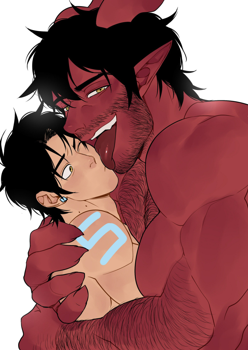 2boys absurdres arm_hair arm_tattoo bara beard black_hair chest_hair demon dominique_(the_devil_and_s-13) ear_piercing facial_hair highres hug licking licking_another's_face licking_another's_lips looking_at_another looking_at_viewer male_focus multiple_boys muscular muscular_male mustache one_eye_closed piercing pointy_ears short_hair sideburns simple_background size_difference steen_(the_devil_and_s-13) suyohara tattoo the_devil_and_s-13 topless_male upper_body white_background yaoi yellow_eyes