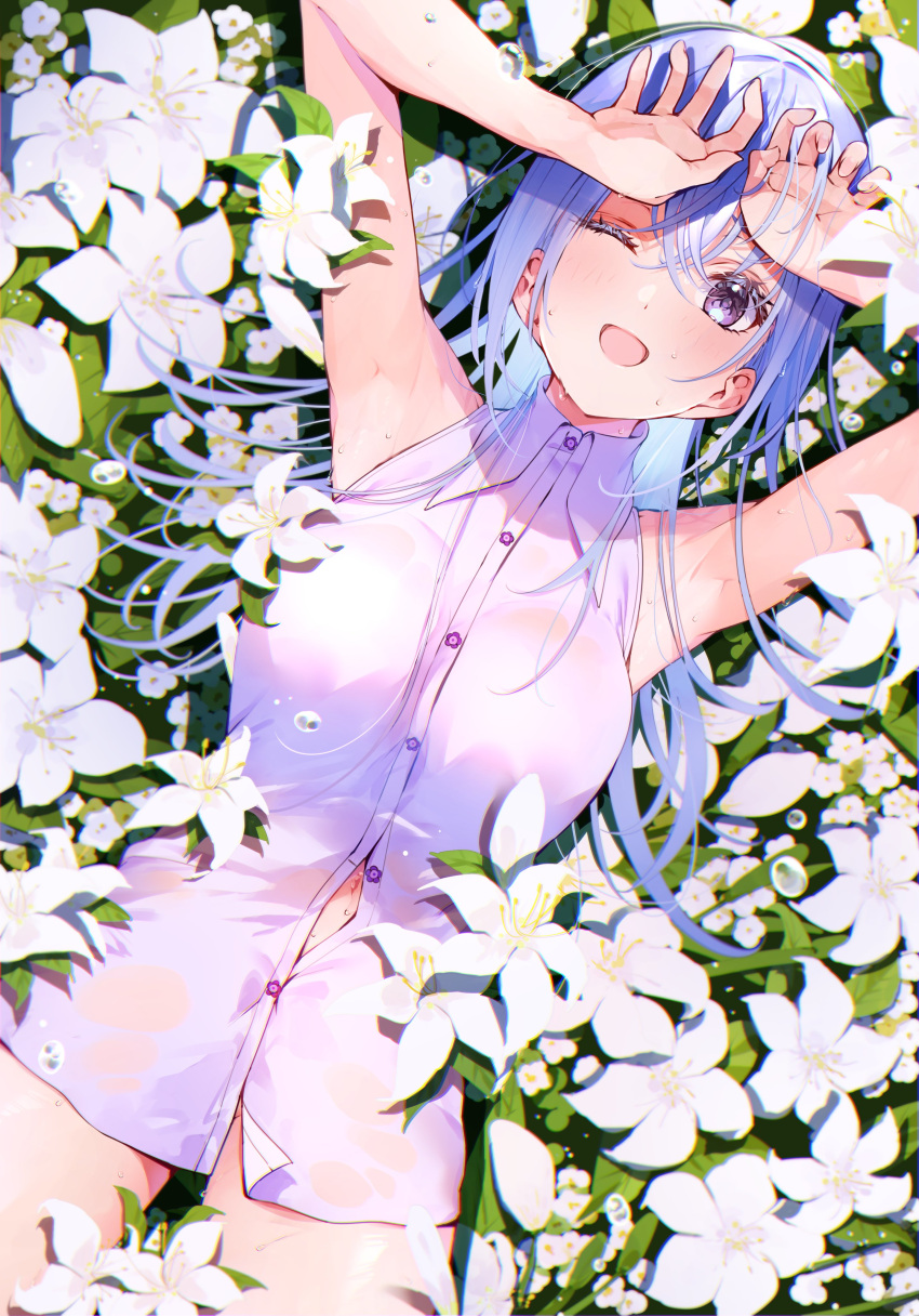 1girl absurdres armpits arms_up blue_hair blush bottomless breasts dress_shirt flower from_above hair_between_eyes highres idolmaster idolmaster_shiny_colors long_hair looking_at_viewer lying naked_shirt navel no_panties on_back one_eye_closed open_mouth partially_unbuttoned puni_(punycolors) purple_eyes see-through see-through_shirt shirt sleeveless sleeveless_shirt smile solo suzuki_hana sweat wet wet_clothes wet_shirt white_flower white_shirt