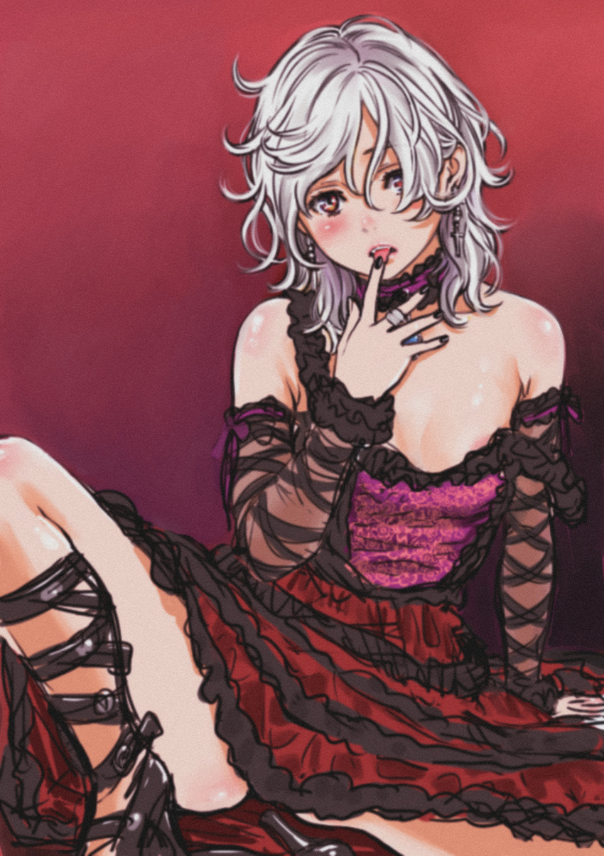 1girl absurdres bare_shoulders black_nails blush breasts choker cross cross_earrings detached_sleeves dress earrings gradient_background highres jewelry key_(kagibangou) licking licking_finger looking_at_viewer medium_hair original red_eyes ring sitting sketch small_breasts solo spread_legs tongue tongue_out wavy_hair white_hair