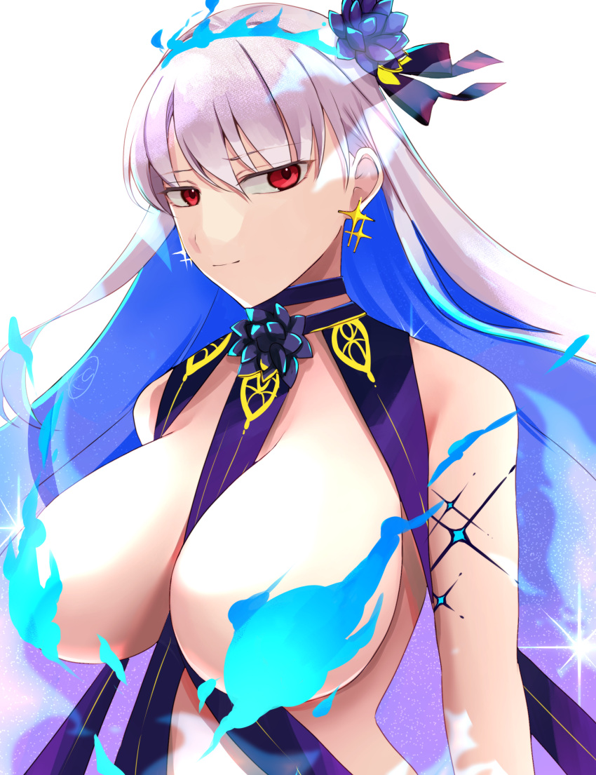 1girl absurdres bare_shoulders blue_fire blue_hair blue_skin blush body_markings breasts colored_inner_hair colored_skin earrings fate/grand_order fate_(series) fire flower hair_flower hair_ornament hair_ribbon highres jewelry kama_(fate) kama_(swimsuit_avenger)_(fate) kama_(swimsuit_avenger)_(third_ascension)_(fate) kankitsu_kei large_breasts long_hair looking_at_viewer lotus multicolored_hair revealing_clothes ribbon solo star_(symbol) star_earrings two-tone_hair white_hair yellow_eyes