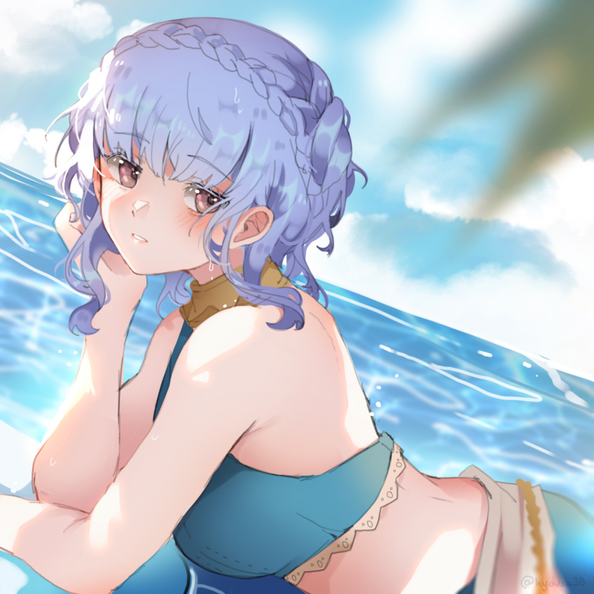 1girl bare_arms bare_shoulders beach bikini blue_bikini blue_hair blue_sky blush braid breasts brown_eyes cloud crown_braid day fire_emblem fire_emblem:_three_houses fire_emblem_heroes highres kyousa38 long_hair lying marianne_von_edmund marianne_von_edmund_(summer) ocean official_alternate_costume on_stomach outdoors sky solo swimsuit