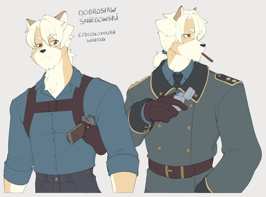 2023 5_fingers anthro belt bottomwear brown_eyes canid canine canis cigar clothed clothing czechoslovakian_wolfdog dobroshaw_(skecchiart) domestic_dog dress_shirt facial_tuft fingers gloves grey_background gun hair handgun handwear herding_dog hi_res holding_object holster hybrid inner_ear_fluff lighter looking_away male mammal neck_tuft necktie pants pastoral_dog ponytail ranged_weapon sheepdog shirt simple_background skecchiart solo tied_hair topwear tuft uniform weapon white_hair wolfdog