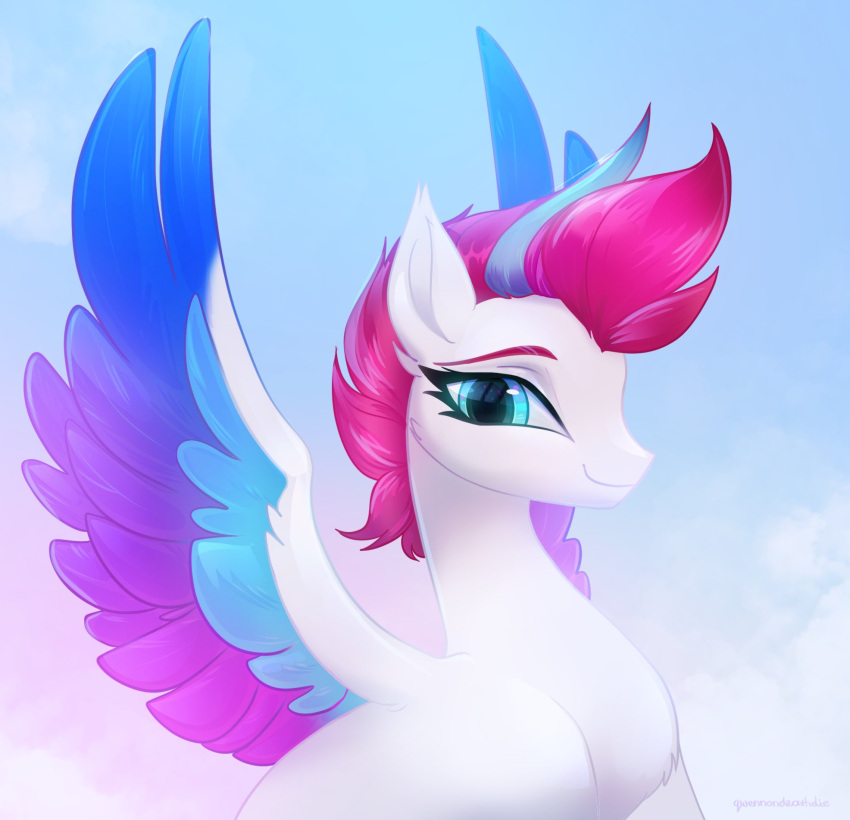 2023 blue_body blue_eyes blue_feathers digital_media_(artwork) equid equine eyebrows eyelashes feathered_wings feathers female feral fur hair hasbro hi_res looking_at_viewer mammal mlp_g5 multicolored_body multicolored_feathers multicolored_hair multicolored_wings my_little_pony pegasus pink_body pink_feathers pink_hair purple_body purple_feathers qwennondeathdie smile solo spread_wings two_tone_hair white_body white_fur wings zipp_storm_(mlp)