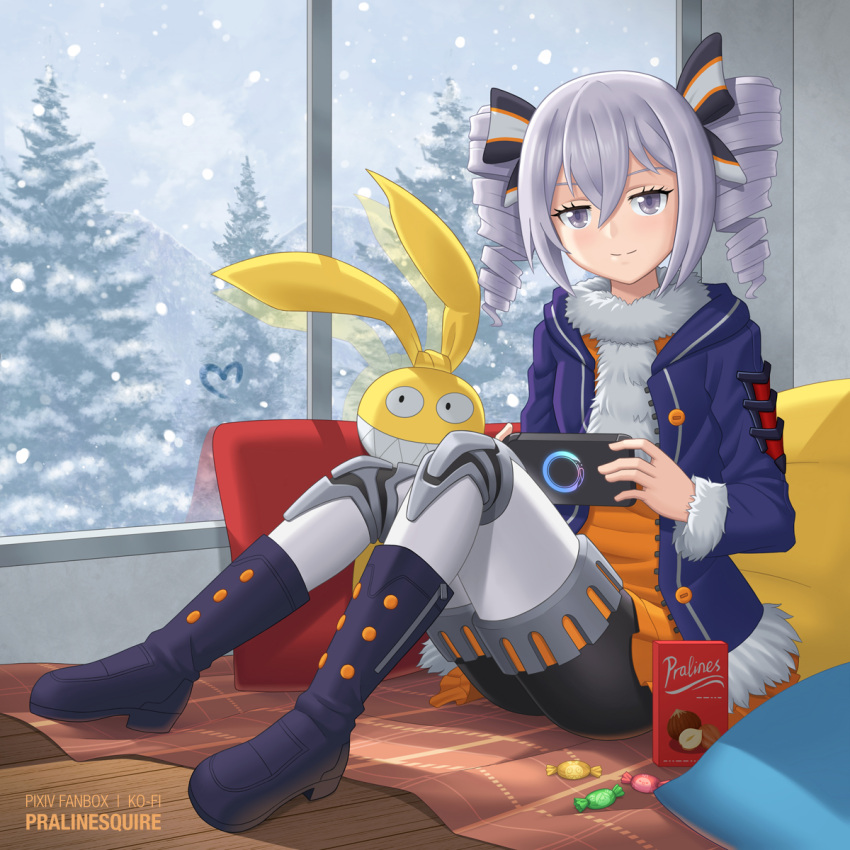 1girl bronya_zaychik drill_hair fur_scarf grey_eyes grey_hair hair_ribbon highres honkai_(series) honkai_impact_3rd indoors jacket open_clothes open_jacket pillow pralinesquire ribbon scenery shoes sitting snowing stuffed_toy twin_drills twintails winter