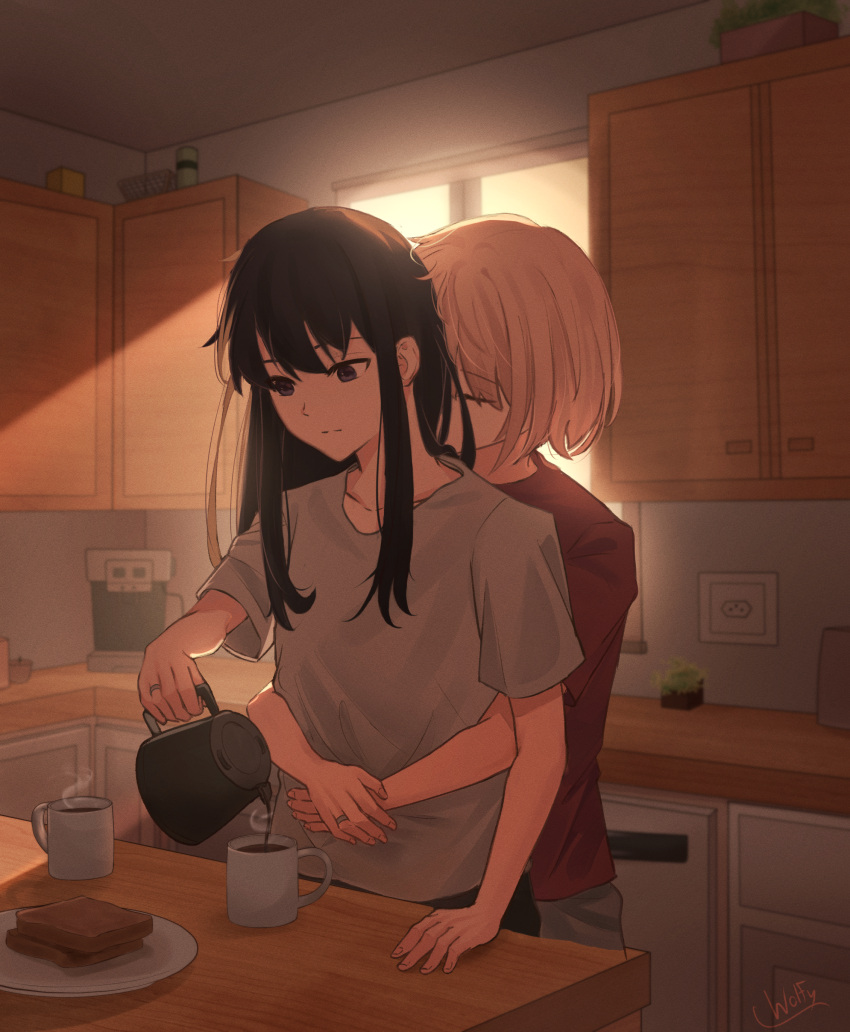 2girls absurdres arms_around_waist black_hair blonde_hair bob_cut cabinet chxoswolf closed_eyes couple cup electrical_outlet english_commentary food grey_shirt hand_on_table highres hot_drink hug hug_from_behind indoors inoue_takina jewelry kitchen light_rays light_smile lycoris_recoil lying morning mug multiple_girls nishikigi_chisato plate pouring purple_eyes red_shirt ring shirt short_hair short_sleeves sidelocks signature sunbeam sunlight t-shirt toast upper_body wedding_ring wife_and_wife window yuri