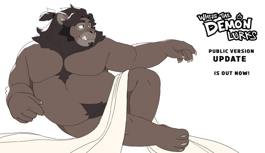 absurd_res anthro brown_body brown_fur chubby_male claws fangs felid fur hair hi_res huynhduyad14 kobu_(wtdl) lion male mammal pantherine ponytail reclining_pose solo teeth