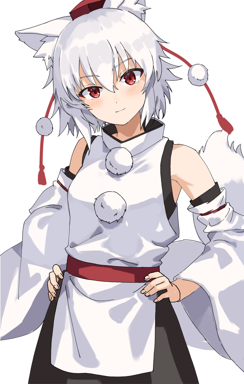 1girl absurdres animal_ear_fluff animal_ears asuka_shirou bare_shoulders black_skirt hands_on_own_hips hat highres inubashiri_momiji looking_at_viewer pom_pom_(clothes) red_eyes shirt short_hair simple_background skirt smile solo tail tokin_hat touhou white_background white_hair white_shirt white_sleeves wolf_ears wolf_girl wolf_tail