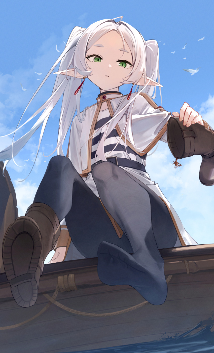 1girl 7gao absurdres black_pantyhose boat capelet feet floating_hair foot_focus frieren green_eyes grey_hair highres long_hair looking_at_viewer outdoors pantyhose parted_bangs pointy_ears shoes simple_bird single_shoe sitting soles solo sousou_no_frieren toes twintails very_long_hair watercraft white_capelet