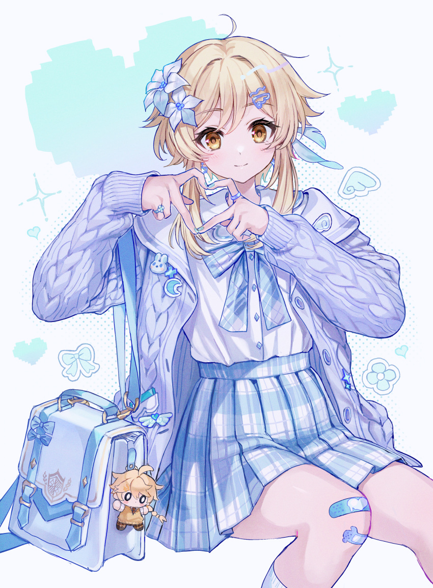 1girl absurdres aether_(genshin_impact) ahoge alternate_costume bag bandaid bandaid_on_knee bandaid_on_leg black_eyes blonde_hair blue_background blue_bow blue_bowtie blue_jacket blue_nails blue_skirt blush bow bowtie braid brown_footwear brown_pants brown_vest buttons closed_mouth collared_shirt commentary_request crescent crescent_pin diamond_(shape) feather_hair_ornament feathers feet_out_of_frame fingernails flower genshin_impact hair_between_eyes hair_flower hair_ornament hairpin hands_up heart heart_hands heart_print highres jacket jewelry keychain long_hair long_sleeves looking_at_viewer lumine_(genshin_impact) nail_polish natsukko_0606 no_mouth open_clothes open_jacket pants plaid plaid_bow plaid_bowtie plaid_pants plaid_skirt puffy_long_sleeves puffy_sleeves ring sailor_collar shirt shoes short_hair short_hair_with_long_locks short_sleeves sidelocks sitting skirt smile socks solo sparkle vest white_background white_bag white_flower white_shirt white_socks wings yellow_eyes