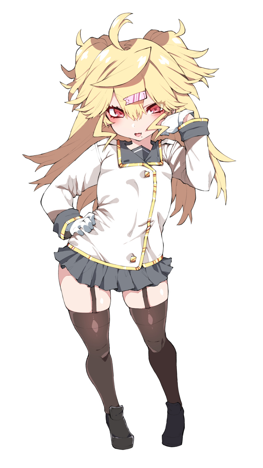 1girl absurdres bad_id bad_pixiv_id black_footwear black_garter_straps black_thighhighs blonde_hair blush full_body garter_straps gloves gold_trim grey_skirt hair_ornament hairclip hand_on_own_hip hand_up highres jacket kz_oji long_hair long_sleeves looking_at_viewer microskirt mole mole_under_mouth original red_eyes simple_background skirt smile solo thighhighs thighs white_background white_gloves white_jacket