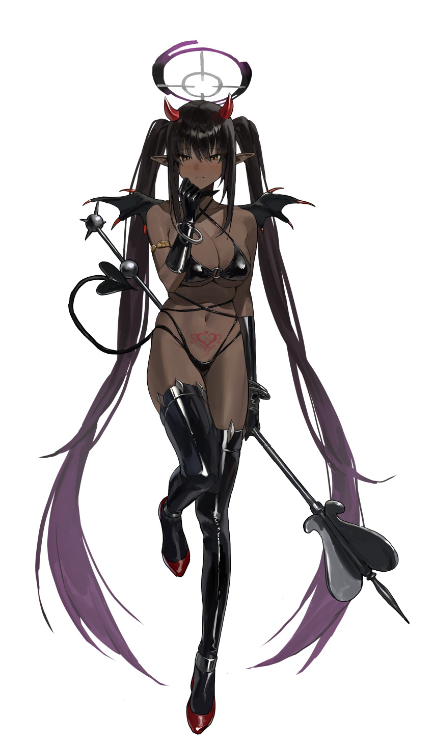 1girl absurdres bikini black_bikini black_hair blue_archive boots breasts brown_eyes dark-skinned_female dark_skin demon_costume demon_girl demon_horns demon_tail demon_wings gradient_hair halloween_costume halo highres horns karin_(blue_archive) kosubi_(tsuneta328) large_breasts latex latex_boots leg_up long_hair micro_bikini multicolored_hair pointy_ears pubic_tattoo purple_hair swimsuit tail tattoo thigh_boots twintails very_long_hair white_background wings