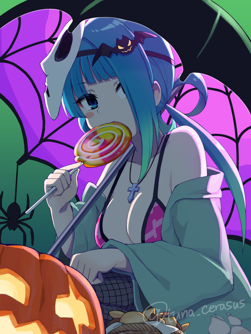1girl bat_hair_ornament bikini bikini_under_clothes black_umbrella blue_eyes blue_hair blue_jacket breasts candy cleavage commentary_request fishnet_pantyhose fishnets food grey_pantyhose hair_ornament hair_rings halloween highres holding holding_candy holding_food holding_lollipop jack-o'-lantern jacket large_breasts leaning_forward lollipop long_hair looking_at_viewer mask mask_on_head off_shoulder open_clothes open_jacket original pantyhose pink_bikini sidelocks solo spider_web_print swimsuit swirl_lollipop tsunaso_(lack_of_sunlight) twitter_username umbrella very_long_hair