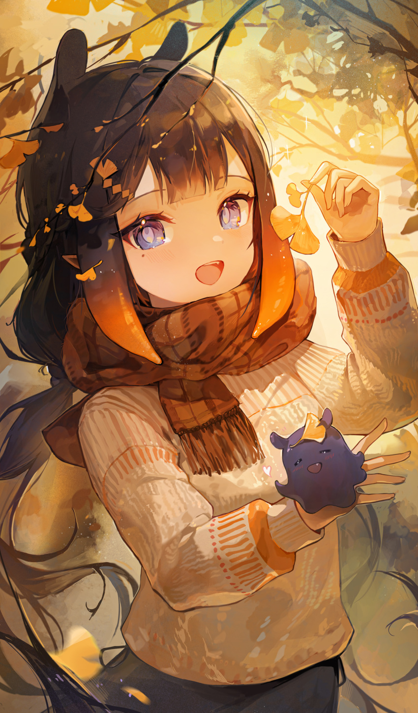 1girl absurdres alternate_costume autumn black_hair blue_eyes blunt_bangs brown_scarf brown_sweater center-flap_bangs creature_on_hand ginkgo_leaf gradient_hair happyongdal highres hololive hololive_english leaf light_blush long_hair looking_at_viewer mole mole_under_eye multicolored_hair ninomae_ina'nis open_mouth orange_hair pointy_ears scarf sidelocks solo sweater takodachi_(ninomae_ina'nis) tentacle_hair virtual_youtuber