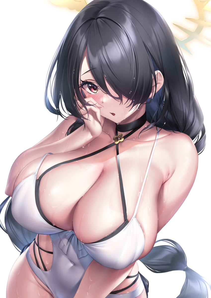 1girl bare_arms bare_shoulders black_hair blue_archive breasts cleavage collarbone covered_navel from_above hair_over_one_eye halo halterneck highres hinata_(blue_archive) hinata_(swimsuit)_(blue_archive) ken_ill large_breasts long_hair looking_at_viewer one-piece_swimsuit one_eye_covered open_mouth red_eyes solo swimsuit wet white_background white_one-piece_swimsuit