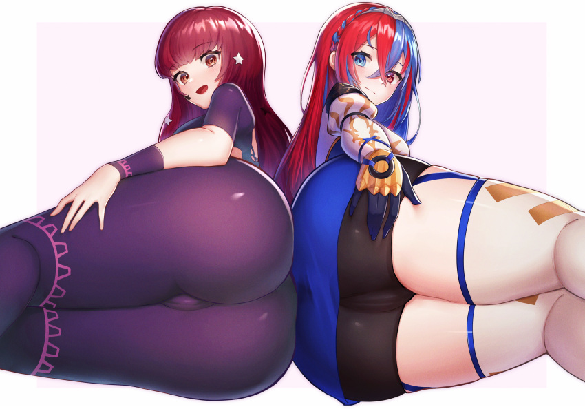 2girls alear_(female)_(fire_emblem) alear_(fire_emblem) ass ass-to-ass ass_focus bangs blue_eyes blue_hair bodysuit braid breasts cameltoe crossed_bangs crown_braid enjt5228 facial_mark fire_emblem fire_emblem_engage hair_ornament heterochromia highres huge_ass long_hair looking_at_viewer multicolored_hair multiple_girls red_eyes red_hair smile split-color_hair star_(symbol) star_hair_ornament thick_thighs thighhighs thighs two-tone_hair very_long_hair yunaka_(fire_emblem)