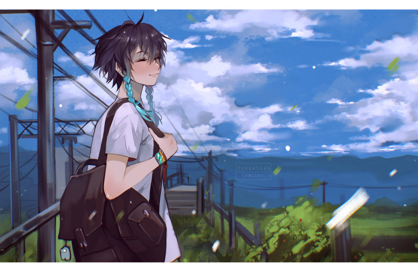 1boy among_us aqua_hair backpack bag black_hair blue_sky braid closed_mouth crewmate_(among_us) cyan_(among_us) facing_back frosstish genshin_impact highres male_focus multicolored_hair shirt short_hair short_sleeves sky smile solo twin_braids venti_(genshin_impact) white_shirt