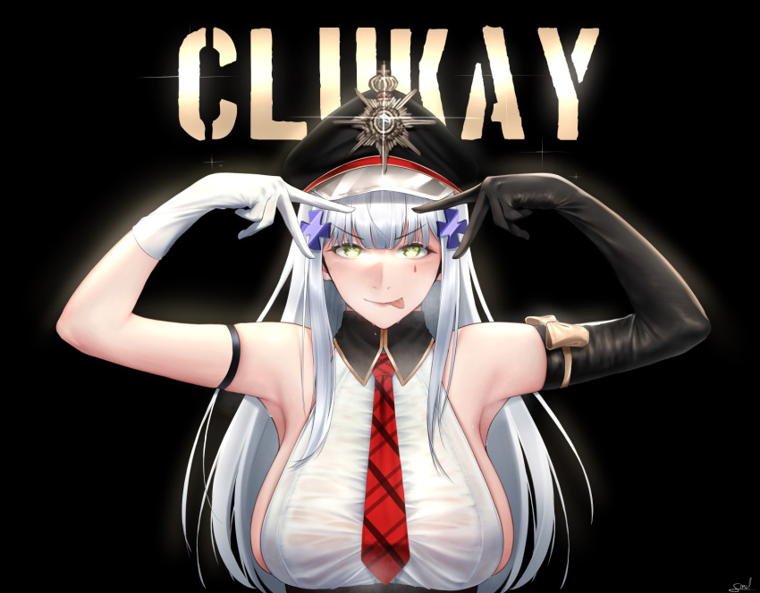 1girl armpits arms_up artist_name asymmetrical_gloves black_background black_gloves black_headwear blue_hair breasts character_name closed_mouth clukay_(neural_cloud) elbow_gloves girls'_frontline girls'_frontline_neural_cloud gloves green_eyes highres hk416_(girls'_frontline) large_breasts lips long_hair looking_at_viewer necktie parted_lips red_necktie shirt sidelocks single_elbow_glove smile smol solo star-shaped_pupils star_(symbol) sweat sweatdrop symbol-shaped_pupils teardrop_facial_mark teardrop_tattoo tongue tongue_out upper_body v white_gloves white_shirt