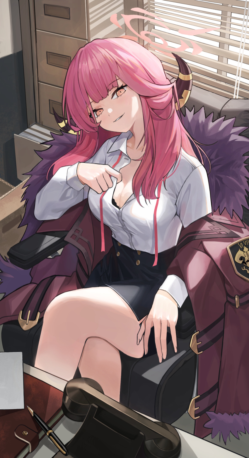 1girl aru_(blue_archive) black_skirt blinds blue_archive bra bra_peek breasts chair cleavage coat crossed_legs desk fur-trimmed_coat fur_trim grin halo highres horns large_breasts long_hair looking_at_viewer office office_chair parted_lips partially_unbuttoned pen pencil_skirt phone pink_eyes pink_hair round30fight shirt_tucked_in sitting skirt smile solo swivel_chair thighs underwear