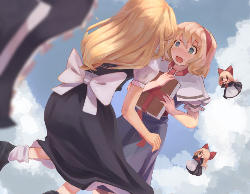4girls @_@ alice_margatroid black_dress black_headwear blonde_hair blue_dress blue_eyes blue_sky book bow capelet cloud commission dress hair_bow hairband headwear_removed highres holding holding_book kirisame_marisa long_hair medium_hair multiple_girls nyztsune open_mouth outdoors petticoat red_bow red_hairband shanghai_doll short_hair sky touhou white_bow white_capelet yuri