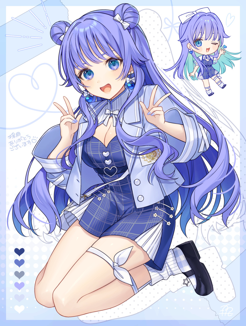 1girl :d ;d black_footwear blue_dress blue_eyes blue_hair blue_jacket blue_nails bow breasts cleavage cleavage_cutout clothing_cutout color_guide commentary_request double_bun double_v dress drop_shadow hair_bow hair_bun hair_intakes hands_up heart highres jacket karokuchitose long_hair medium_breasts multicolored_hair multiple_views nail_polish nijisanji one_eye_closed open_clothes open_jacket plaid plaid_dress ribbed_socks shirt shoes sleeveless sleeveless_dress smile socks translation_request two-tone_hair v very_long_hair virtual_youtuber white_background white_bow white_shirt white_socks yuuki_chihiro