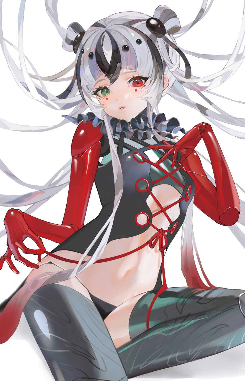 1girl absurdres arthropod_girl black_hair black_panties cross-laced_clothes cross-laced_top doll_joints double_bun facial_mark fate/grand_order fate_(series) foot_out_of_frame green_eyes grey_hair hair_bun hand_on_own_chest heterochromia highres joints kashin_koji_(fate) long_bangs long_hair looking_at_viewer multicolored_hair neck_ruff panties parai0 parted_lips red_eyes rope_belt sidelocks silk simple_background single_hair_ring sitting solo spider_girl underwear white_background white_hair