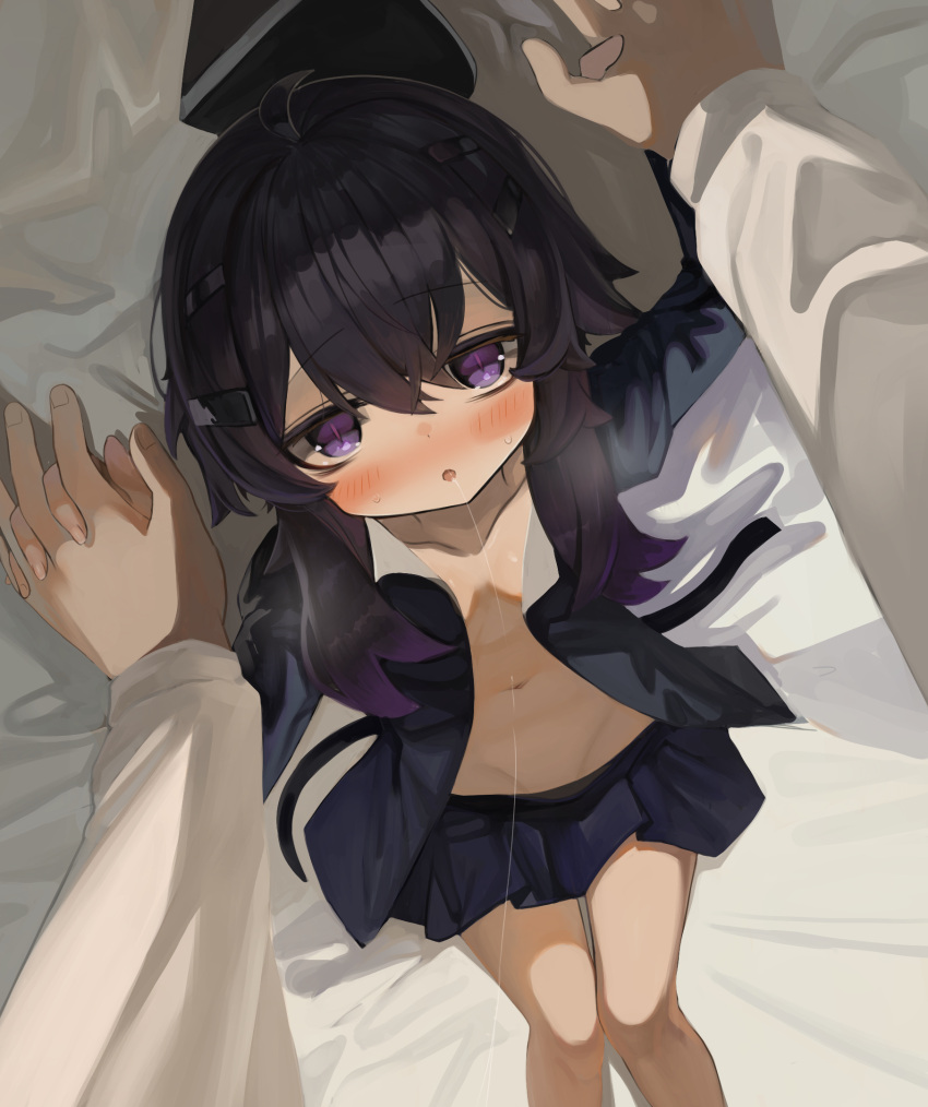1boy 1girl arm_up bed_sheet black_hair black_headwear black_jacket black_skirt blue_archive blush breasts dokomon feet_out_of_frame garrison_cap gradient_hair groin hair_between_eyes hand_up haruka_(blue_archive) hat hat_removed headwear_removed highres holding_hands interlocked_fingers jacket long_sleeves lying multicolored_hair navel no_halo no_shirt on_back open_clothes open_jacket parted_lips pillow pleated_skirt purple_eyes purple_hair saliva saliva_trail sensei_(blue_archive) skirt small_breasts solo_focus sweat upside-down