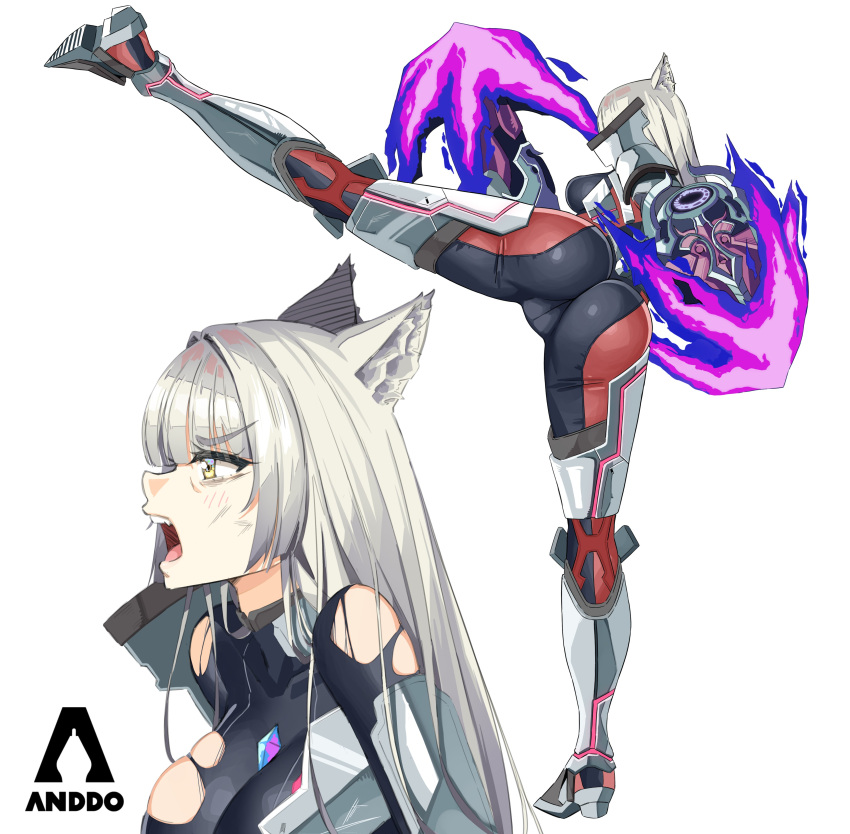 1girl absurdres animal_ears armor ass ass_focus bodysuit breasts cat_ears chest_jewel derivative_work flexible from_behind from_side grey_hair high_kick highres huge_ass i_am_anddo karate kicking long_hair m_(xenoblade) mio_(xenoblade) official_alternate_costume official_alternate_hair_length official_alternate_hairstyle profile scratches screencap_redraw skin_tight split standing standing_on_one_leg standing_split thighs torn_clothes trefoil xenoblade_chronicles_(series) xenoblade_chronicles_3