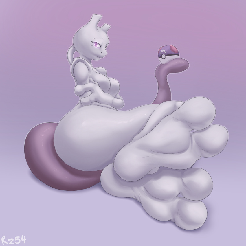 1:1 absurd_res breasts featureless_breasts feet female foot_focus generation_1_pokemon glistening glistening_eyes glowing glowing_eyes gradient_background hi_res legendary_pokemon looking_at_viewer mewtwo mouth_closed narrowed_eyes nintendo nude pink_eyes pokeball pokemon pokemon_(species) purple_tail rz54 simple_background solo tail white_body