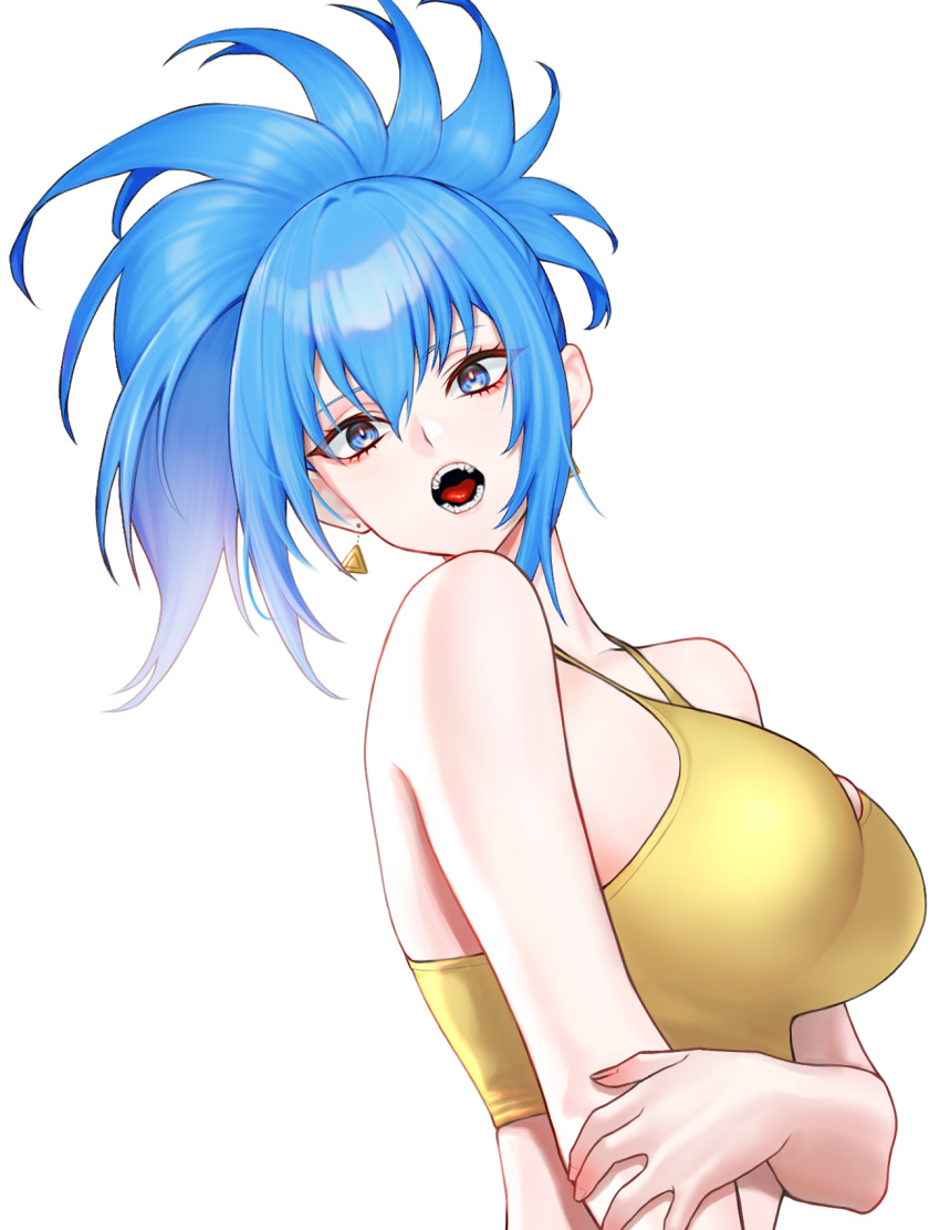 1girl bare_shoulders blue_eyes blue_hair breasts earrings highres holding_own_arm jewelry leona_heidern open_mouth ponytail simple_background sleeveless solo tank_top the_king_of_fighters the_king_of_fighters_xv triangle_earrings white_background yellow_tank_top yukimune