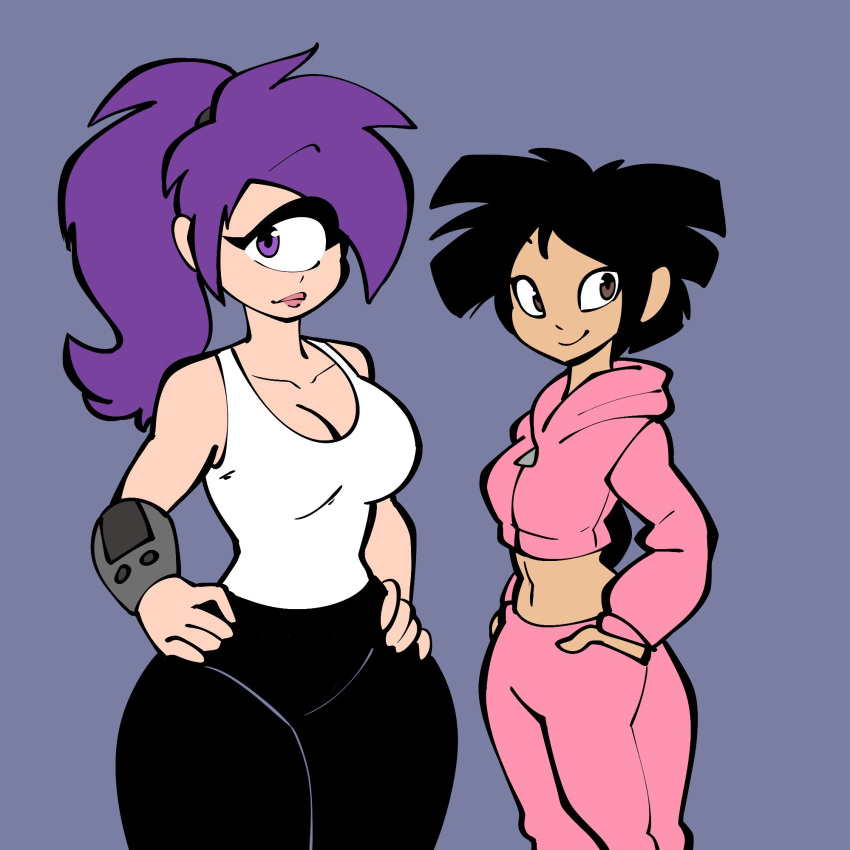 amy_wong black_hair breasts brown_eyes cleavage clothed clothing comedy_central cyclops duo female futurama hair hi_res human humanoid jek_korpen light_body light_skin long_hair mammal not_furry purple_eyes purple_hair simple_background turanga_leela