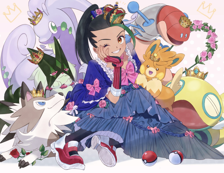 1girl black_hair blue_dress blue_eyes bow crown dress dudunsparce flower freckles goodra green_eyes green_fur green_hair grin highres long_hair lycanroc lycanroc_(midday) meowscarada multicolored_hair nemona_(pokemon) one_eye_closed open_mouth orange_eyes orthworm p_m_ame pantyhose pawmot pink_bow pink_flower pink_rose poke_ball poke_ball_(basic) pokemon pokemon_(creature) pokemon_(game) pokemon_sv ponytail red_eyes red_flower red_rose rose shoes sitting slime_(substance) smile sneakers streaked_hair two-tone_hair