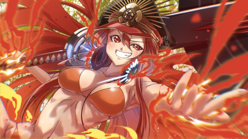 1girl artist_name bikini black_headwear breasts commentary_request day dress dutch_angle emblem energy fate/grand_order fate_(series) grin halterneck hat headphones headphones_around_neck holding holding_sword holding_weapon long_hair looking_at_viewer medium_dress navel oda_nobunaga_(fate) oda_nobunaga_(swimsuit_berserker)_(fate) outdoors over_shoulder partial_commentary peaked_cap pomita red_bikini red_eyes red_hair sharp_teeth signature smile solo standing swimsuit sword teeth textless_version very_long_hair weapon weapon_over_shoulder