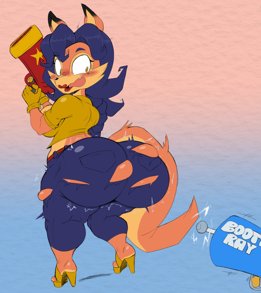 absurd_res anthro big_butt blue_hair butt canid canine carmelita_fox clothing female footwear fox fur hair hi_res high_heels huge_butt mammal orange_body orange_fur purple_yoshi_draws sly_cooper_(series) solo sony_corporation sony_interactive_entertainment sucker_punch_productions thick_thighs torn_clothing