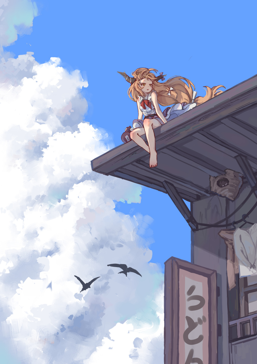 1girl absurdres animal barefoot bird breasts cloud cloudy_sky day gourd highres horns ibuki_suika long_hair oni_horns open_mouth orange_eyes orange_hair outdoors purple_skirt rangque_(user_vjjs4748) shirt sitting skirt sky small_breasts solo torn_clothes torn_sleeves touhou very_long_hair white_shirt