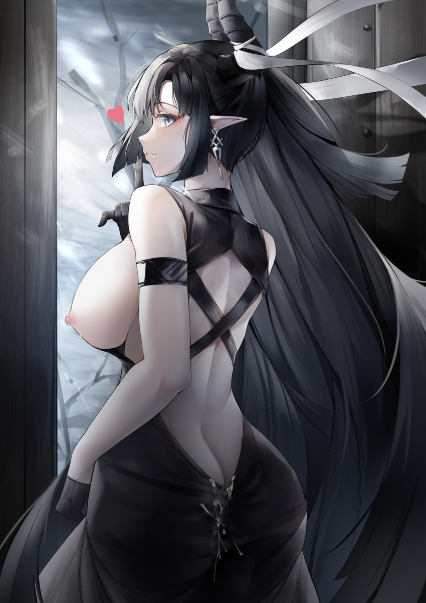 1girl absurdres arknights ass backlighting black_dress black_gloves black_hair blue_eyes breasts breasts_out butt_crack character_request cowboy_shot cum cum_on_ass dress earrings from_behind gloves half_gloves heart highres horns jewelry large_breasts long_hair looking_at_viewer lubikaya nipples sideboob solo very_long_hair