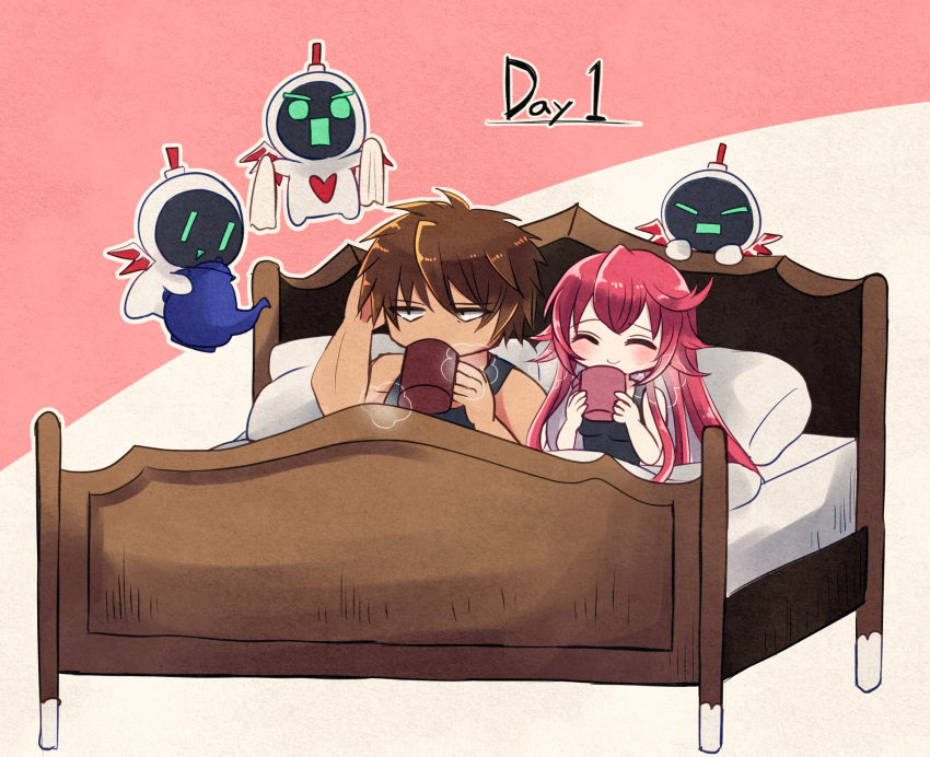 bed breasts brown_hair coffee coffee_mug couple cup guilty_gear guilty_gear_strive highres husband_and_wife jack-o'_valentine kana-de mug red_hair sol_badguy