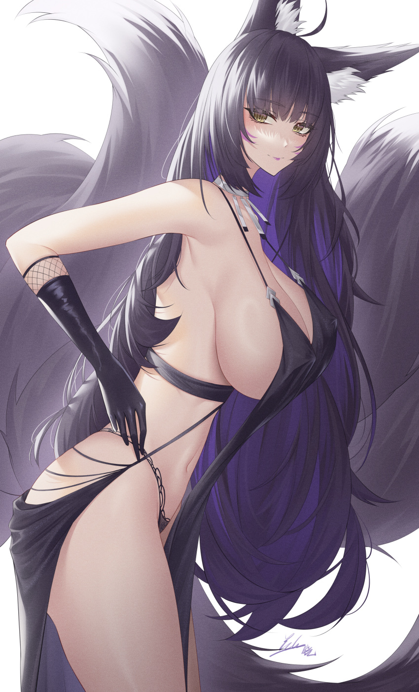 1girl absurdres alternate_costume animal_ear_fluff animal_ears azur_lane bare_shoulders black_dress black_gloves black_hair black_panties breasts closed_mouth commentary_request dress elbow_gloves facial_mark fox_ears fox_girl fox_tail from_side gloves highres ichikushi_mojibake large_breasts long_hair looking_at_viewer looking_to_the_side musashi_(azur_lane) navel panties signature smile tail thighs underwear white_background yellow_eyes