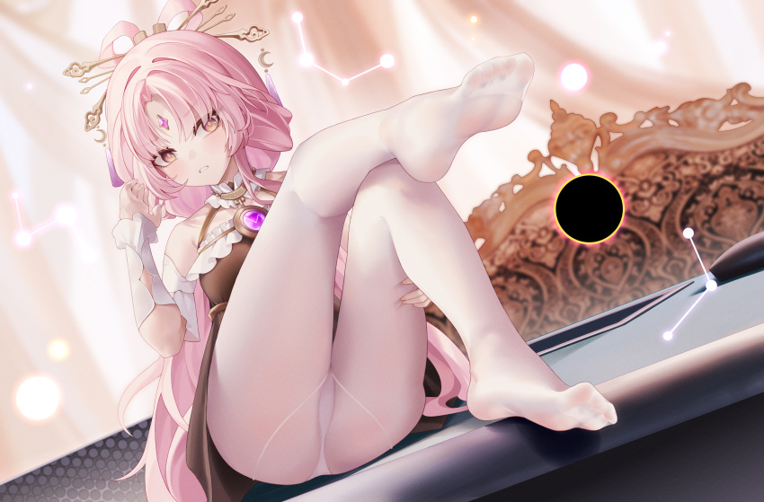 1girl absurdres black_sun bow-shaped_hair constellation feet forehead_jewel fu_xuan_(honkai:_star_rail) full_body hair_ornament hair_rings hair_stick highres honkai:_star_rail honkai_(series) legs long_hair looking_at_viewer no_shoes paid_reward_available panties pantyhose pink_hair pink_tassel shitsurakuen_(paradise_lost) soles sun tassel tassel_hair_ornament thighs toes underwear white_pantyhose