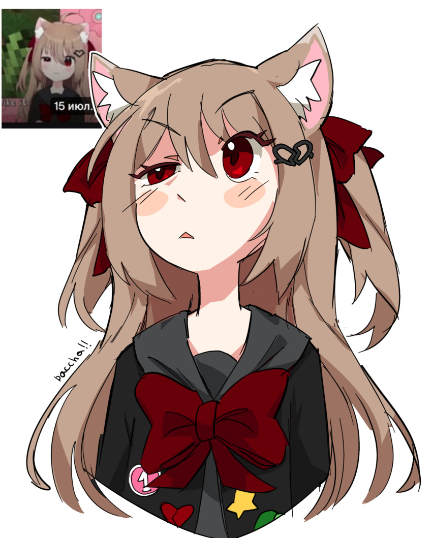 1girl animal_ear_fluff animal_ears artist_name badge black_cardigan blush_stickers bow bowtie broken_heart_hair_ornament button_badge cardigan cat_ears cropped_torso english_commentary evil_neuro-sama grey_sailor_collar hair_ornament hair_ribbon hairclip heart heart_hair_ornament highres indie_virtual_youtuber light_brown_hair long_hair neuro-sama official_alternate_costume open_cardigan open_clothes pasharuu raised_eyebrow red_bow red_bowtie red_ribbon ribbon sailor_collar simple_background solo star_(symbol) triangle_mouth turtle two_side_up upper_body virtual_youtuber white_background