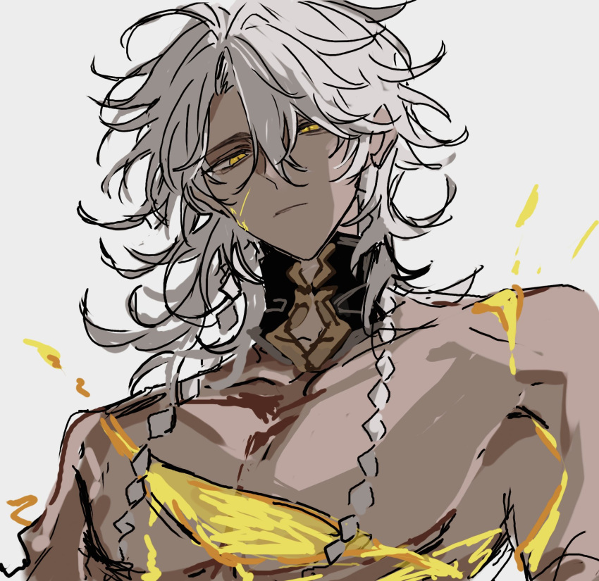 1other asfwef black_choker braid choker closed_mouth dark_skin grey_background highres honkai:_star_rail honkai_(series) liquid long_hair looking_at_viewer muscular nanook_(honkai:_star_rail) sketch solo topless white_hair yellow_eyes