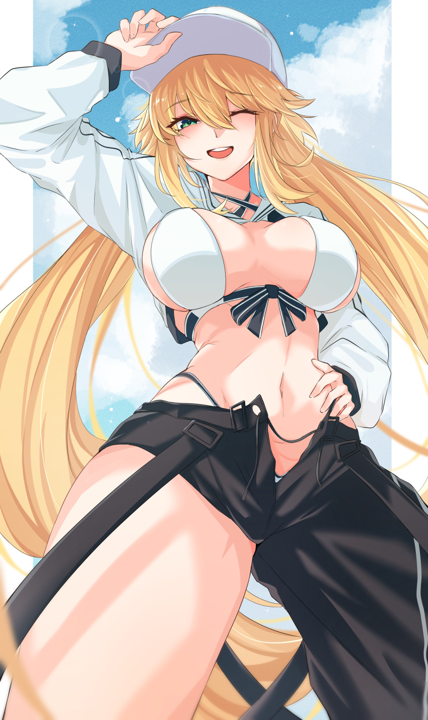 1girl absurdres artoria_caster_(fate) artoria_caster_(swimsuit)_(fate) artoria_pendragon_(fate) asymmetrical_clothes baseball_cap bikini black_pants blonde_hair blue_sky blush breasts cleavage cropped_jacket fate/grand_order fate_(series) green_eyes hat highres jacket large_breasts long_hair long_sleeves looking_at_viewer navel one_eye_closed open_mouth pants shrug_(clothing) single_pantsleg sky smile solo swimsuit thighs twintails vanko_(vank0a) white_bikini white_headwear white_jacket