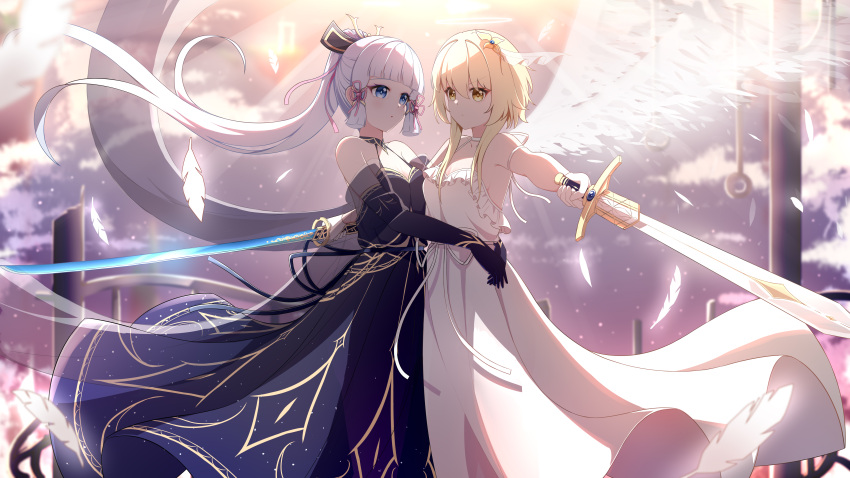 2girls absurdres black_dress black_gloves blonde_hair blue_eyes blunt_bangs breasts cleavage cloud dress dual_wielding elbow_gloves falling_feathers feathered_wings feathers frilled_dress frills genshin_impact gloves hair_ornament hair_ribbon halo high_ponytail highres holding holding_sword holding_weapon kamisato_ayaka katana long_hair lumine_(genshin_impact) mole mole_under_eye multiple_girls mxirony pink_ribbon ponytail ribbon see-through short_hair_with_long_locks sidelocks sleeveless sleeveless_dress sunset sword tress_ribbon weapon white_dress white_gloves white_hair wings yellow_eyes yuri