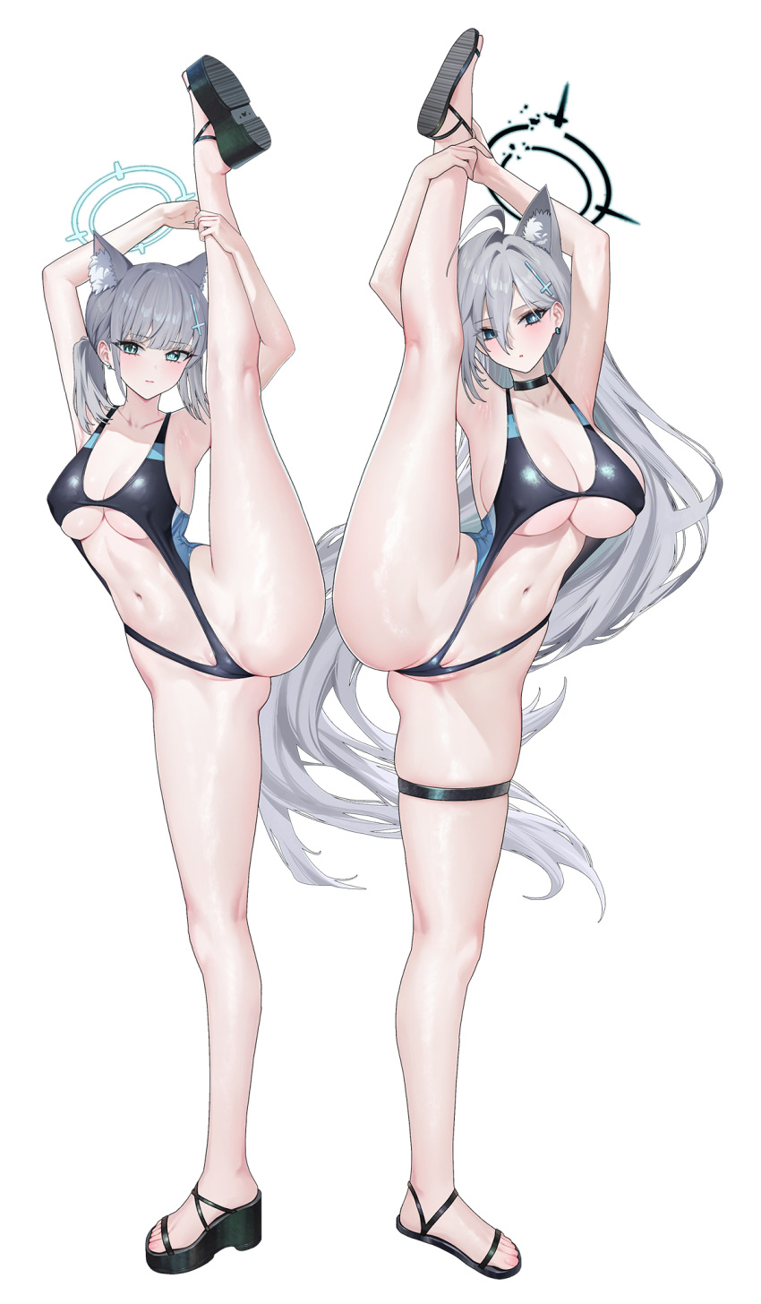 2girls adapted_costume animal_ear_fluff animal_ears ass black_choker black_one-piece_swimsuit blue_archive blue_eyes blue_halo breasts choker collarbone cross_hair_ornament dark_halo earrings extra_ears full_body grey_hair hair_ornament halo highres jewelry large_breasts lichiko long_hair looking_at_viewer medium_breasts medium_hair mismatched_pupils multiple_girls navel one-piece_swimsuit partially_visible_vulva pussy sandals shiroko_(blue_archive) shiroko_(swimsuit)_(blue_archive) shiroko_terror_(blue_archive) simple_background split standing standing_on_one_leg standing_split swimsuit thigh_strap white_background wolf_ears