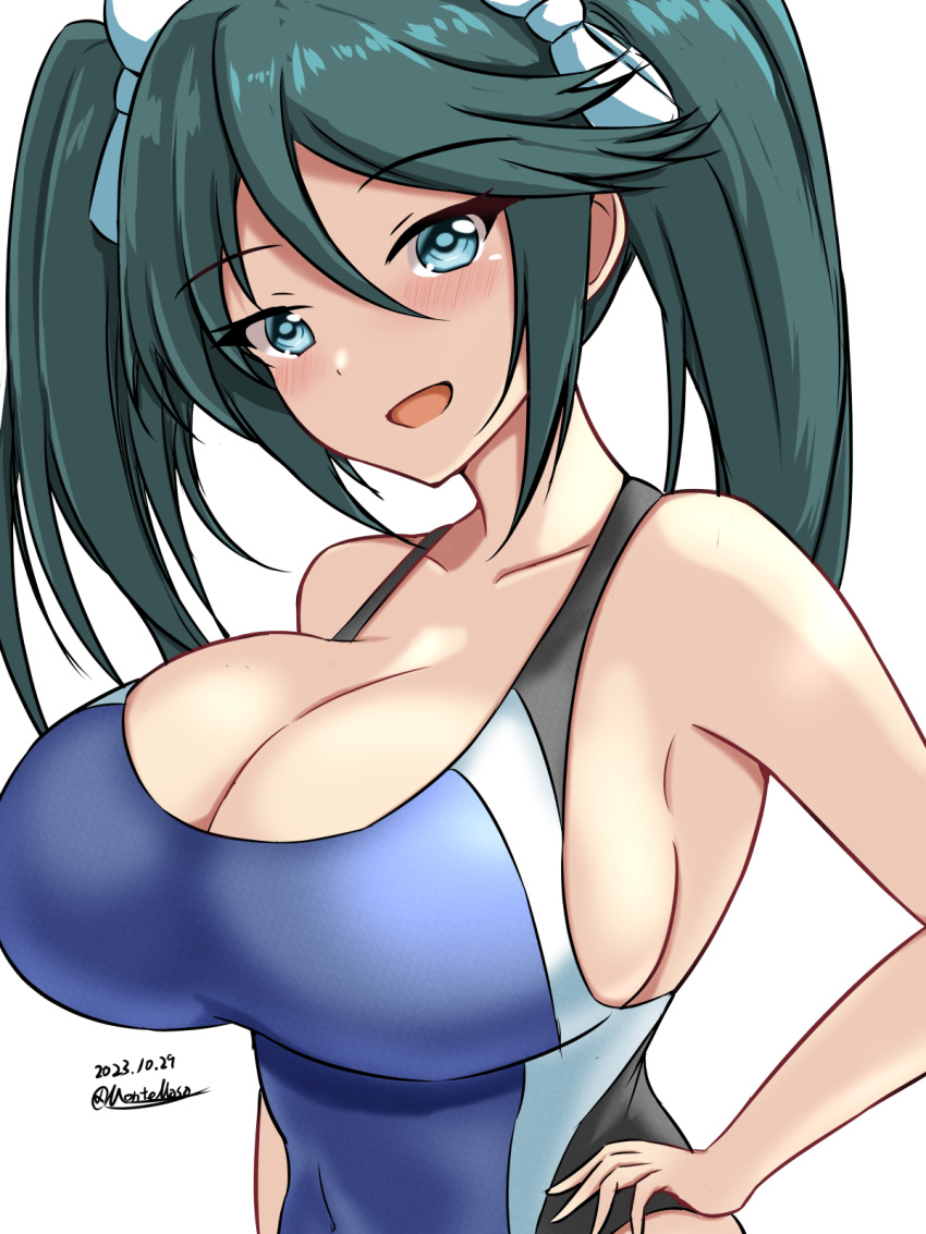 1girl blue_hair blush breasts cleavage competition_swimsuit covered_navel dated hair_ribbon hairband hand_on_own_hip highres huge_breasts isuzu_(kancolle) kantai_collection large_breasts long_hair looking_at_viewer montemasa one-piece_swimsuit ribbon smile solo swimsuit twintails twitter_username upper_body white_background